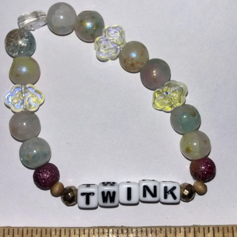 Mens Handcrafted Beaded Stretch Bracelet Green TWINK Letter Beads adult humor